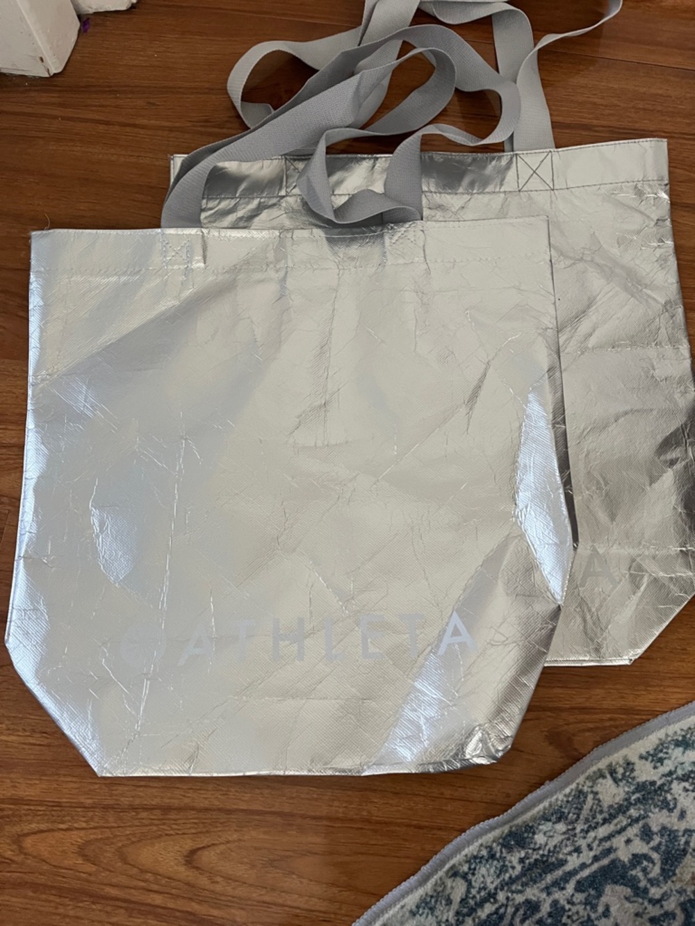 2 extra large Athleta Metallic Silver Totes with Gray Straps